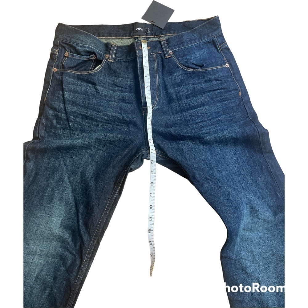 ASOS Dark Blue Wash Distressed Jeans Men’s 32x32 Button Fly Cotton Denim NWT - Picture 7 of 10
